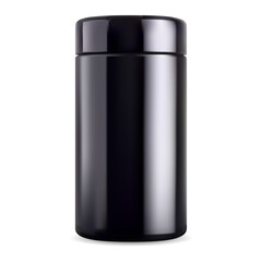 Black jar mock up. Black glass bottle, supplement tin. Glossy plastic sport packaging, vector tea container. Mens cosmetic beauty package, body cream, salt or scrub - obrazy, fototapety, plakaty