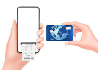 Left hand holding a smartphone and bills flowing out, and right hand holding a blue credit card with a globe on it and all on white background for shopping online and financial concept,vector isolated