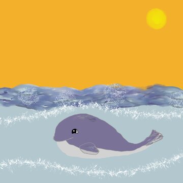 Gro&szlig;er dicker lila Wal schwimmt in starker Str&ouml;mung im blauen Meer. Die Sonne scheint &uuml;ber dem Meer und der Himmel ist orangefarben. Freundlicher Wal. Illustration im kindlichen Comicstil.