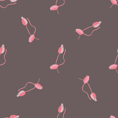 Spring pink poppy bud flower shapes seamless nature pattern. Grey background. Minimalistic creative style.