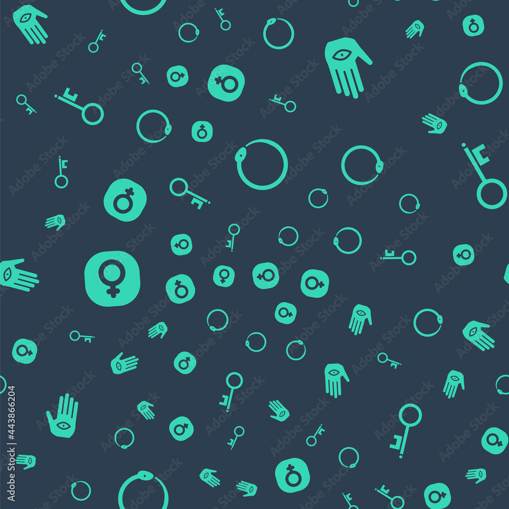 Poster set ouroboros, hamsa hand, venus and old key on seamless pattern. vector
