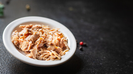 canned tuna fish seafood on the table, healthy food meal snack copy space food background rustic. top view keto or paleo diet vegetarian food pescetarian diet