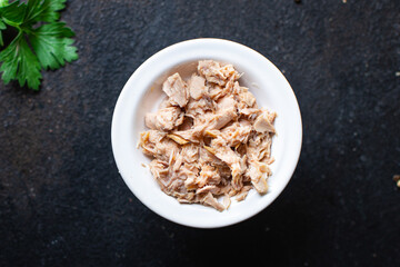 canned tuna fish seafood on the table, healthy food meal snack copy space food background rustic. top view keto or paleo diet vegetarian food pescetarian diet