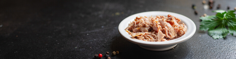 canned tuna fish seafood on the table, healthy food meal snack copy space food background rustic. top view keto or paleo diet vegetarian food pescetarian diet