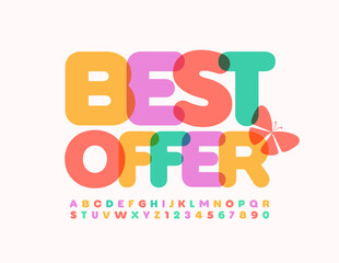 Vector sale banner Best Offer with Decorative Butterfly. Creative colorful Font. Artistic set of Alphabet Letters and Numbers