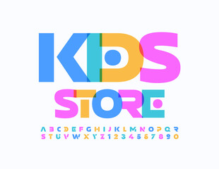 Vector cute logo Kids Store. Childish Alphabet Letters and Numbers set. Artistic watercolor Font