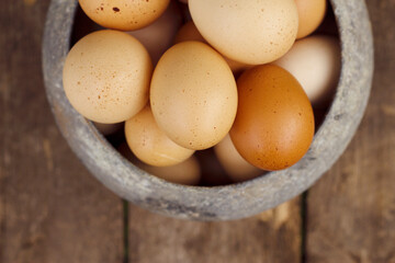 Fresh farm eggs in old vintage pot  with vertical photo. Healthy and natural food concept. Organic egg for cooking on the wooden table. Happy Easter and spring holidays.