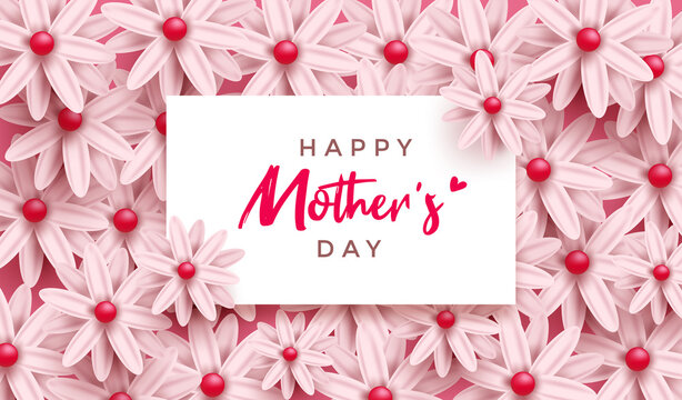 Mother's Day Poster or banner with realistic flowers and white card with text. Template for Love and Mother's day concept.Vector illustration