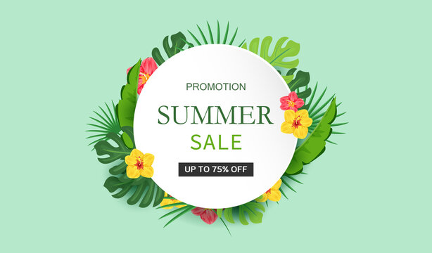 Summer tropical background with white circle sign, palm leaves and hibiscus flowers. Vector floral on green background. Sale banner or flyer template