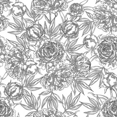 Big Peonies. Floral seamless pattern. Black and white flowers, buds and leaves.. Vector illustration.