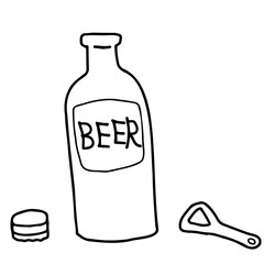 栓抜きで蓋（王冠）を開けたビール瓶の線画イラスト