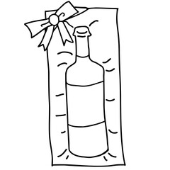 プレゼント用にラッピングされたお酒のボトル（線画イラスト）