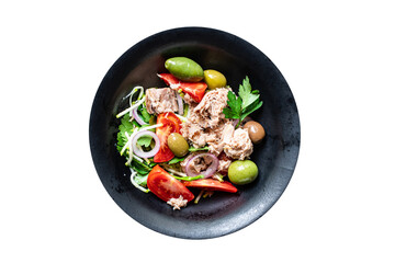 tuna salad vegetables tomato, onion, herbs, olives other canned tuna fish seafood on the table, healthy meal copy space food background top view keto or paleo diet veggie vegetarian food pescetarian 