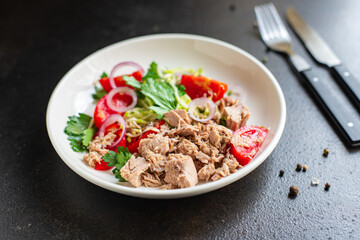 tuna salad vegetables tomato, onion, herbs, olives other canned tuna fish seafood on the table, healthy meal copy space food background top view keto or paleo diet veggie vegetarian food pescetarian 