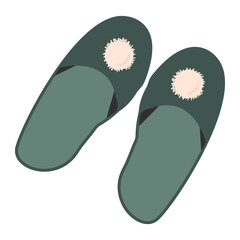 Soft green home slippers with pom poms. Vector