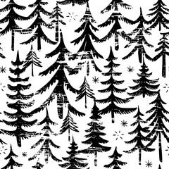 Seamless pattern of hand drawn Christmas trees. Printed forest background. Seamless winter trees 

pattern.