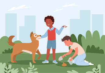 People cleanup poo after dog vector illustration. Cartoon pet standing on city park green grass, boy and young man pet owner character holding plastic bag and shovel in hand to clean poop after doggy