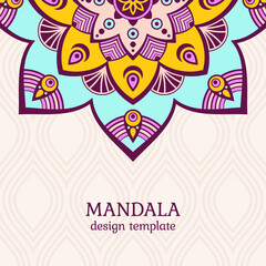 Invitation graphic card with mandala. Vintage decorative elements. Applicable for covers, posters, flyers, banners. Arabic, islam, indian, turkish, chinese, ottoman motifs. Color vector illustration.