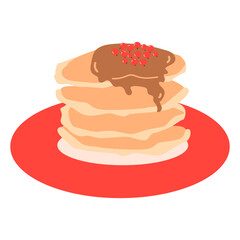 Stack of Pancakes with maple syrup and berries on a red plate. Vector. Breakfast concept.