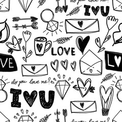 On a white background there are different illustrations about love, inscriptions ,envelopes/