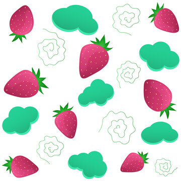  Pattern with strawberries, adding clouds and lines on a white background