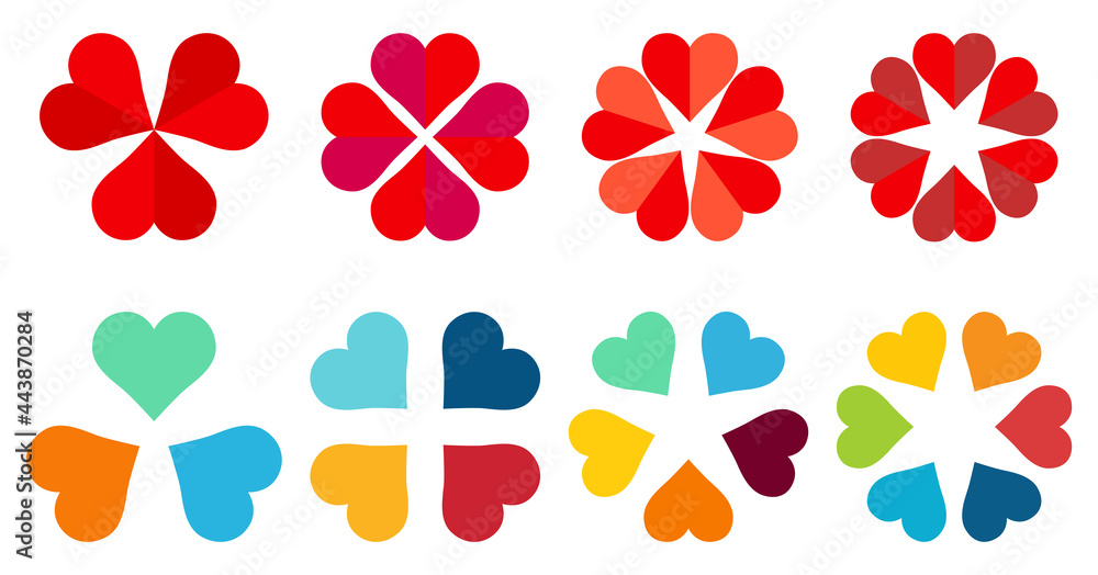 Wall mural hearts arranged in circle forming flower like shape three to six icon version - can be used as infog