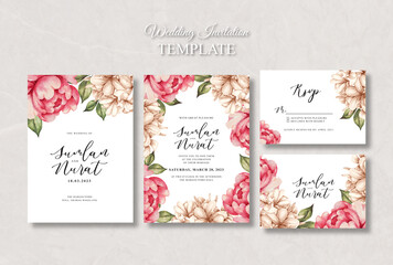 wedding invitation card set template with peony watercolour © StwStudio