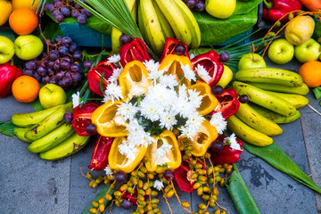 Fruit - vegetables - fruits all organic or what?
A still life of plants, fruits, vegetables lovingly draped with olives and leaves. 