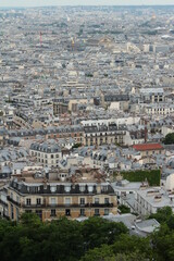Fototapeta na wymiar Aerial landscape of a French city. Birds view panorama of Paris, the capital of France, with a panoramic view on many old houses and rooftops.