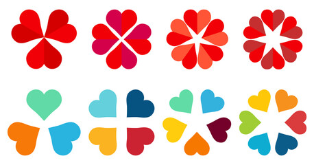 Hearts arranged in circle forming flower like shape three to six icon version - can be used as infographics element