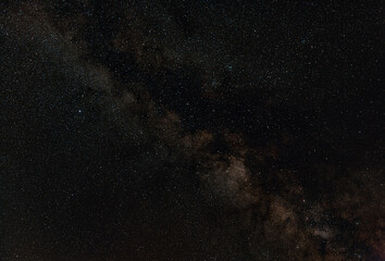 Night sky, many stars with milky way around Aquila and Scutum constellation visible. Long exposure stacked photo
