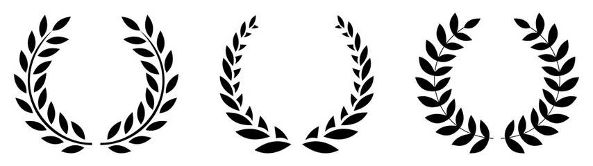 Set black silhouette circular laurel foliate. Silhouette laurel wreath. Vector black laurels set