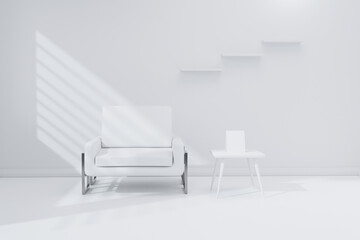 Sunlight light Through window,contemporary minimalist design interior living room,with armchair sofa furniture,table and mockup,clean white wall and floor background, illustration,3d rendering