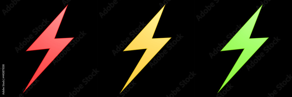 Poster a set of three flash shapes in different colors on black background - 3d rendering illustration