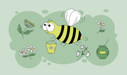 Bee, flowers, honey. Set of colored vector icons in doodle style.
  Insect bee with a bucket. Honey in a pot. Isolated background. Vector illustration.
