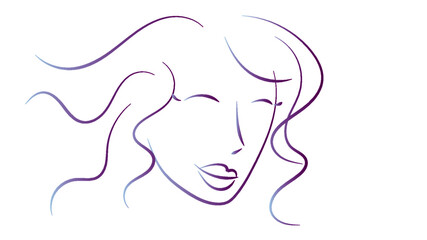 Silhouette or portrait showing the face of a pretty young woman with  long hair and beautiful lips. Vector illustration 