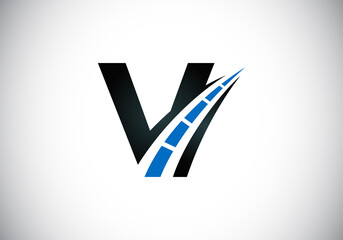 Letter V with road logo sing. The creative design concept for highway maintenance and construction. Transportation and traffic theme.