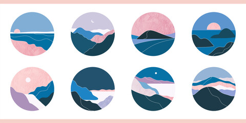 A set of eight Japanese backgrounds with pink marble texture. Abstract round template with geometric wavy shapes. Design of a mountainous layout in an oriental style in pastel gentle colors.