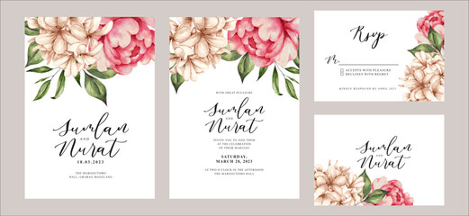 wedding invitation card set template with peony watercolour - obrazy, fototapety, plakaty