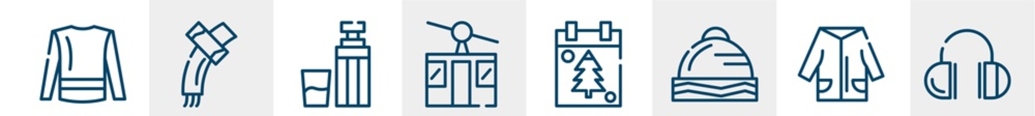 winter line icons such as turtleneck sweater, winter scarf, themos flask, ski lift, christmas day, earmuffs outline vector sign. symbol, logo illustration. linear style icons set. pixel perfect