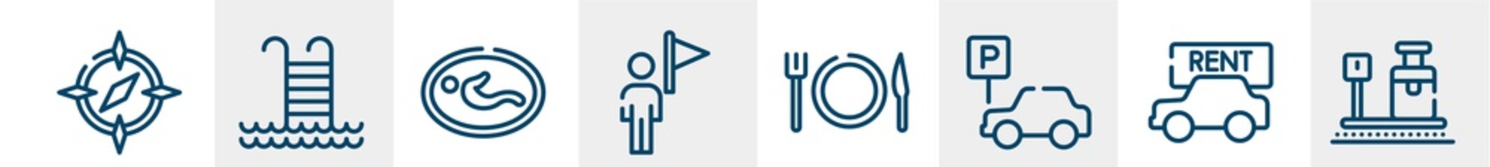 airport line icons such as round compass, swimming pool ladder, nursing room, tourist guide, plate, knife and fork, travelling baggage weight outline vector sign. symbol, logo illustration. linear