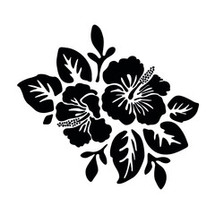 Black tropical exotic hibiscus flowers vector tattoo silhouette drawing illustration.Hawaiian floral stencil design element.Plotter laser cutting.Vinyl wall sticker decal.Cut file. Print. Leaves. DIY. - obrazy, fototapety, plakaty