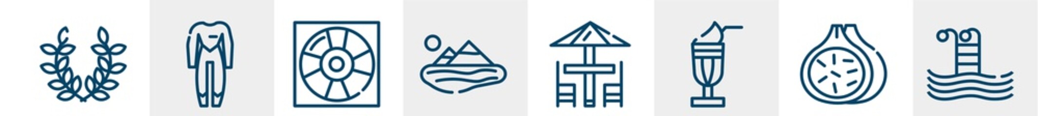 summer line icons such as wreath, wetsuit, life guard, lake, terrace, swimming pool outline vector sign. symbol, logo illustration. linear style icons set. pixel perfect vector graphics.