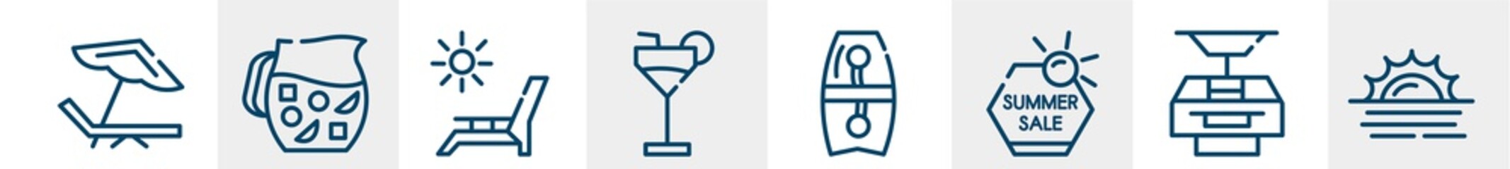 summer line icons such as beach chair, sangria, deck chairs and sun, refreshing cold drink, bodyboard, sunset at sea outline vector sign. symbol, logo illustration. linear style icons set. pixel