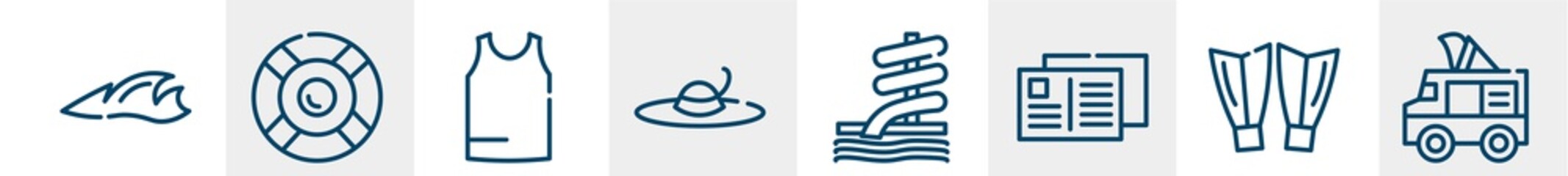summer line icons such as ocean, rubber ring, sleeveless, summer hat, aqua park, ice cream van outline vector sign. symbol, logo illustration. linear style icons set. pixel perfect vector graphics.