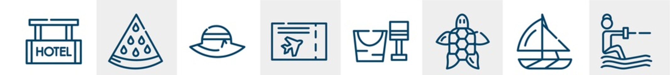summer line icons such as hotel hanging, slice of melon, pamela hat, plane ticket, sand bucket and shovel, waterski outline vector sign. symbol, logo illustration. linear style icons set. pixel
