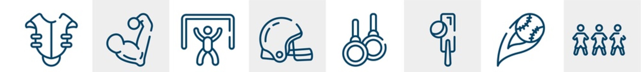 soccer line icons such as chest protection, muscular, goalie, rugby helmet, gymnastic rings, football team outline vector sign. symbol, logo illustration. linear style icons set. pixel perfect