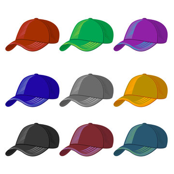 Set of Colored Baseball Caps Isolated on White Background