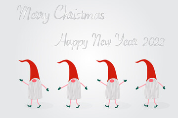 Happy gnome cartoon. Text Merry Christmas and Happy New Year 2022. Illustration flat design.  Vector EPS10.