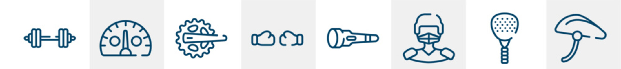 active lifestyle line icons such as barbell, kmh, crankset, punching, dive light, bike helmet outline vector sign. symbol, logo illustration. linear style icons set. pixel perfect vector graphics.